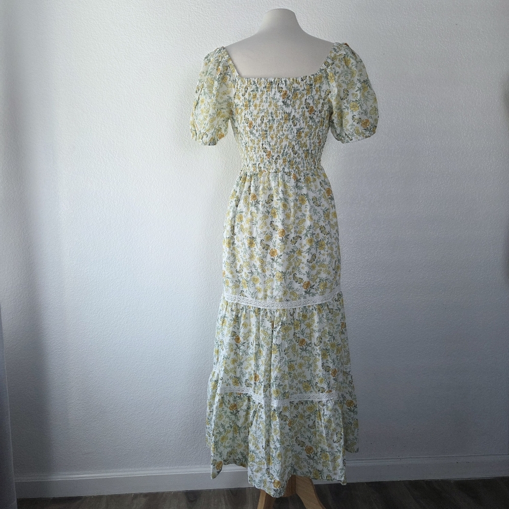 Japna Green Yellow Floral Maxi Dress Lace Detail Women's Medium 100% Cotton - Picture 3 of 4